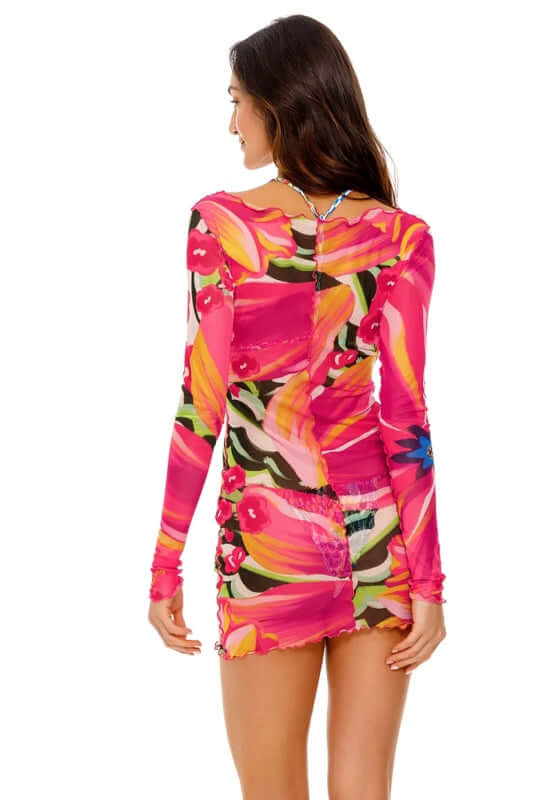 Hadley Beach Dress Citrus by Agua Bendita, sheer mini beach dress with vibrant floral pattern and playful ruffle trim.