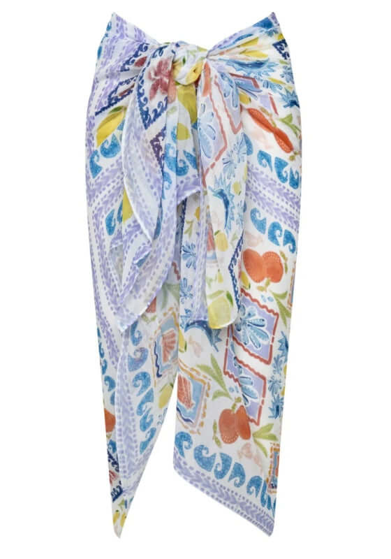 Sicilian Print Sarong by Away That Day, showcasing vibrant colors and intricate patterns, perfect for summer styling.
