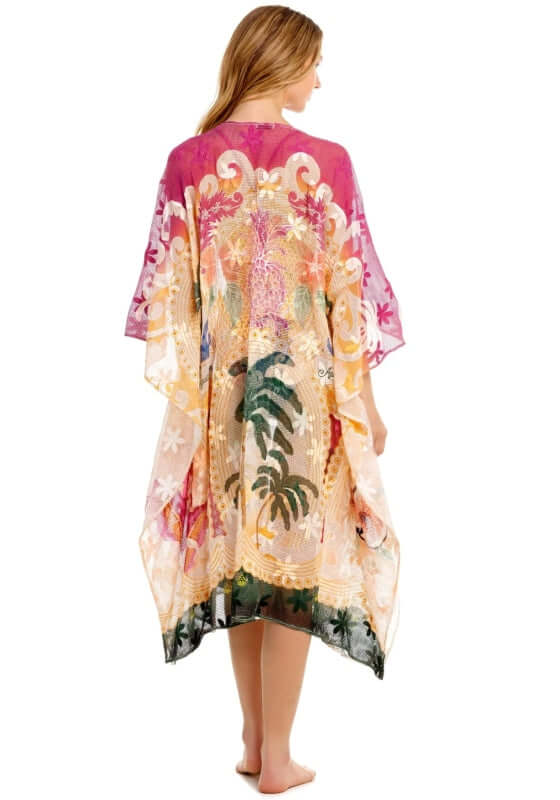 Atzi Tunic Thamar by Agua Bendita, lightweight mesh cover-up with tropical design and flowing silhouette.