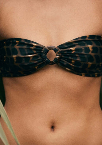 Kate Bandeau Bikini Top Coquillage by Alicia Swim, featuring a stylish black and gold patterned bandeau design.