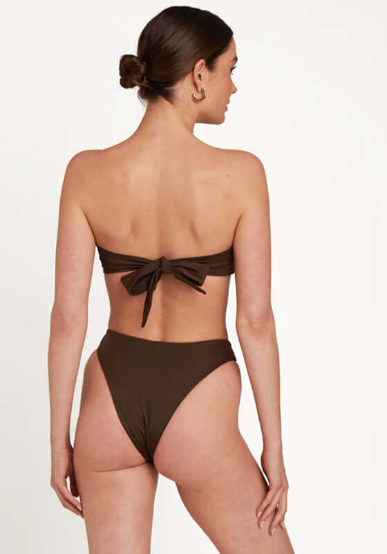 Acapulco Bikini Espresso by Away That Day, featuring a brown bandeau top and high-cut bottoms with tie back detail.