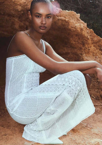 Vannie Long Dress White by Charo Ruiz, showcasing a model wearing a stylish white dress with elegant guipure panels.