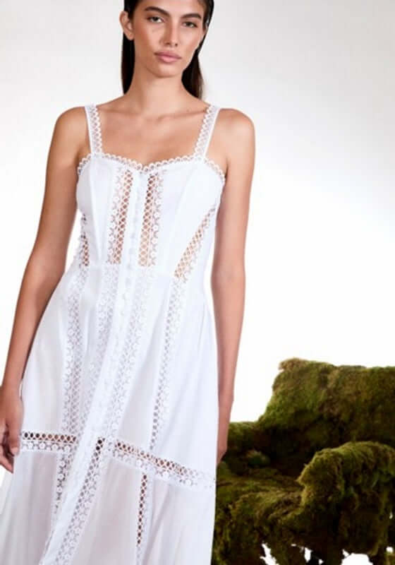 Dafelle Long Dress White by Charo Ruiz, showcasing lace panelling and a feminine silhouette, ideal for summer.