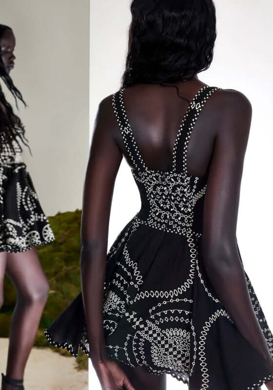 Birdie Dress Black Nelum by Charo Ruiz features a back view of a model showing its embroidered linen and cotton design.