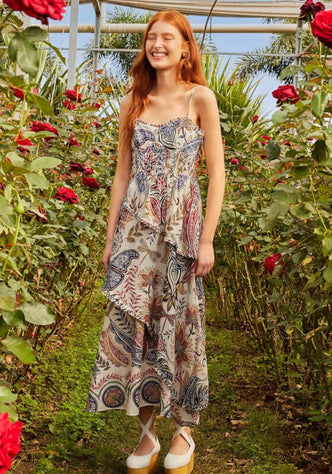 Boho Glam Strappy Maxi Dress by Farm Rio, woman smiling in floral maxi dress surrounded by roses.