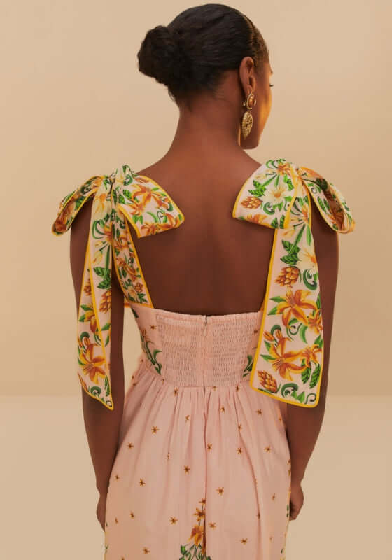 Pink Botanical Beauty Laces Midi Dress by Farm Rio, showcasing the back view with whimsical shoulder bows and botanical pattern.