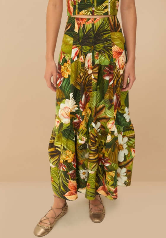 Botanical Forest Midi Skirt by Farm Rio, showcasing vibrant tropical floral patterns and flowing silhouette.
