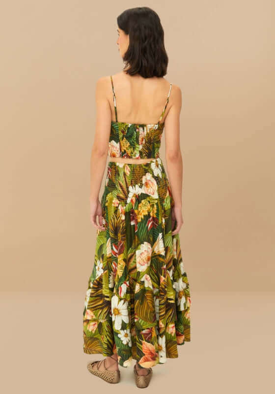 Botanical Forest Midi Skirt by Farm Rio, showcasing the vibrant floral patterns and pleated silhouette from the back view.