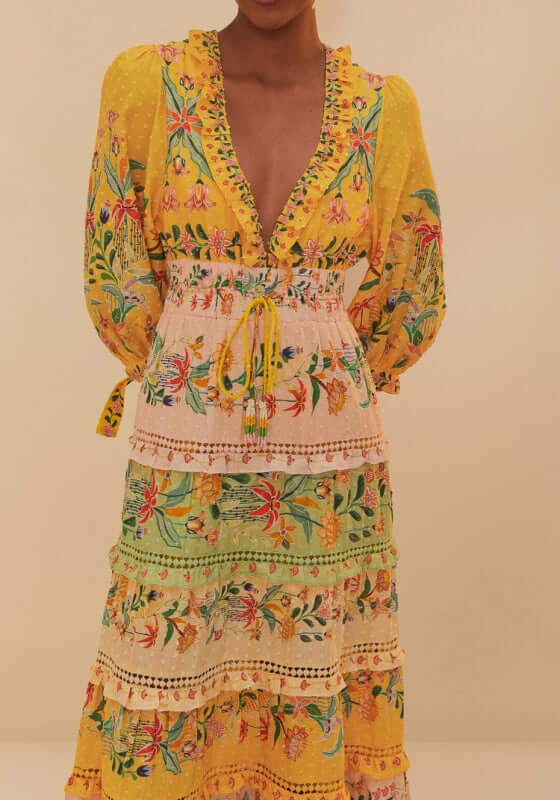 Delicate Flowers Stripes Maxi Dress by Farm Rio, featuring vibrant floral patterns and a layered, elegant design.