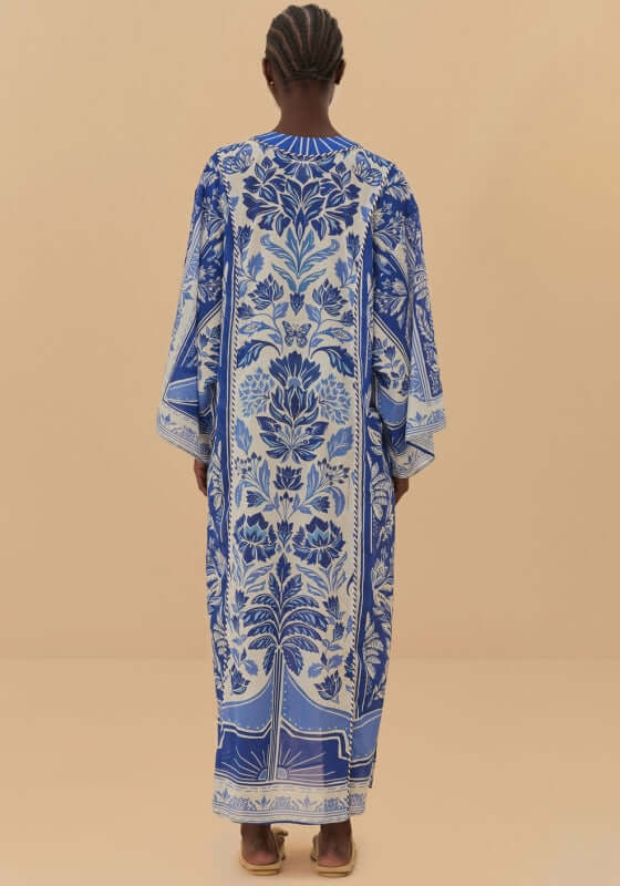 Delicate Tapestry Long Kaftan by Farm Rio, showcasing a flowing blue and off-white tapestry print from the back.