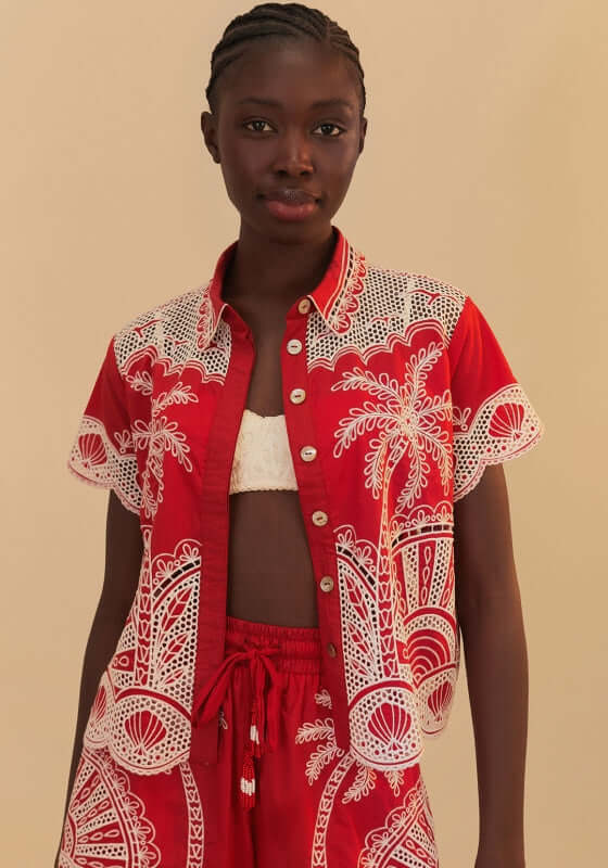 Red Palm Tree Shirt by Farm Rio, featuring palm tree embroidery and lace detailing on a model against a neutral background.