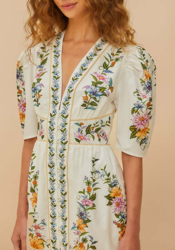 Sweet Bloom Dreamscape Mini Dress by Farm Rio featuring detailed floral embroidery and voluminous sleeves.