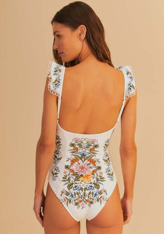 Sweet Bloom Bouquet Swimsuit by FARM Rio, showcasing a back view with floral designs and lace-trimmed straps.