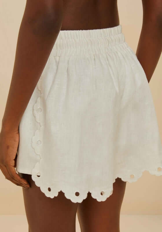 Off-White Flowers Richelieu Linen Shorts by Farm Rio, showcasing the whimsical scalloped hem and eco-friendly linen fabric.