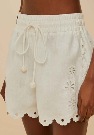 Off-White Flowers Richelieu Linen Shorts by Farm Rio, showcasing floral embroidery and scalloped hem details.