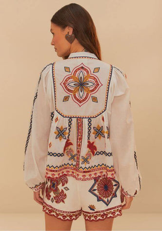 Marys Tiles Shorts by Farm Rio, showing vibrant back embroidery details on a white top paired with colorful shorts.