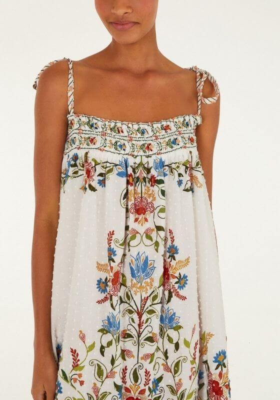 Stitched Garden Off White Long Dress by Farm Rio featuring floral patterns on lightweight fabric with adjustable straps.