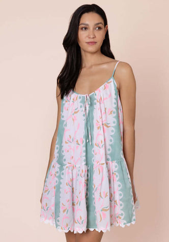 Bird Of Paradise Strappy Mini Dress Pistachio by Juliet Dunn, featuring adjustable straps and floral pattern.