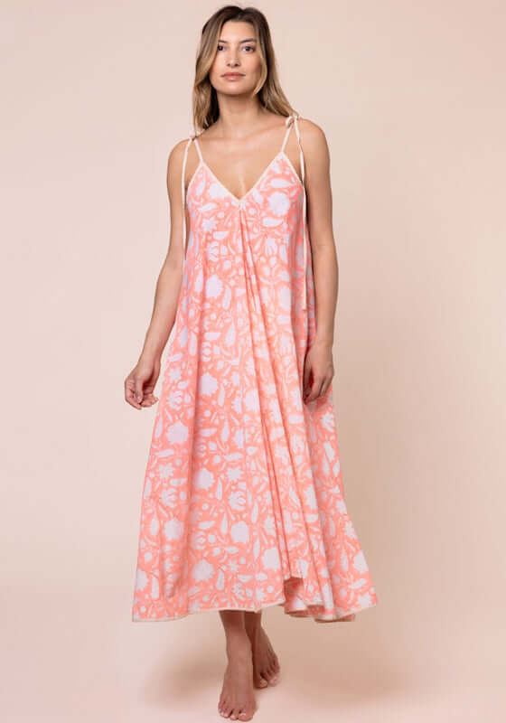 Pomegranate Floaty Maxi Dress Neon Red by Juliet Dunn, featuring spaghetti straps and a V-neckline in a flowy design.