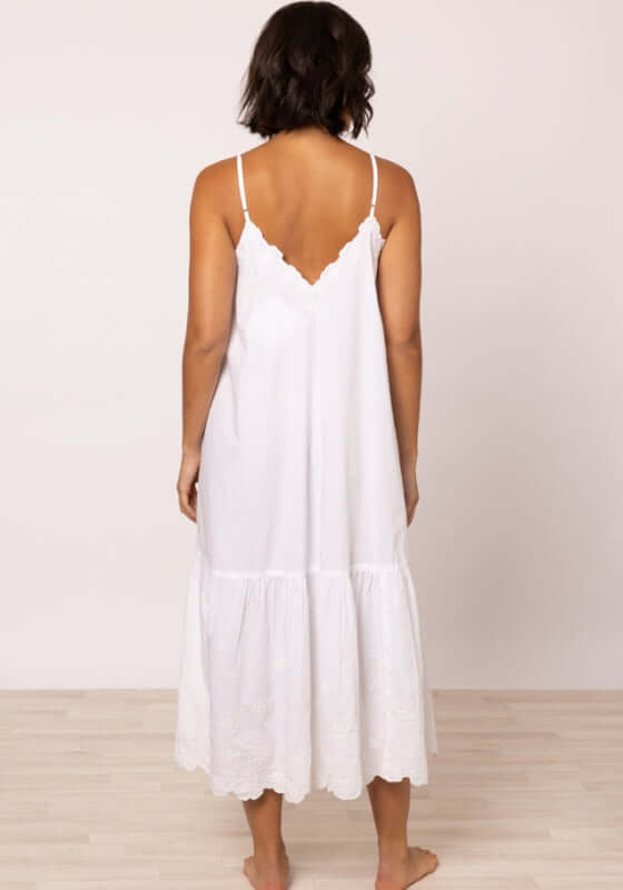 Poplin Floral Midi Dress White by Juliet Dunn, showcasing a delicate back design with a flared hem and slender straps.