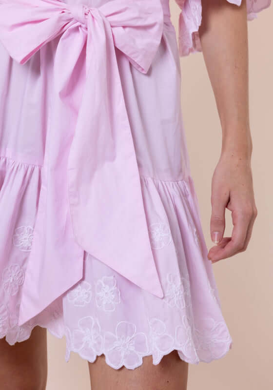 Poplin Floral Tie Waist Dress Petal Pink by Juliet Dunn, featuring a tie waist and delicate floral embroidery.