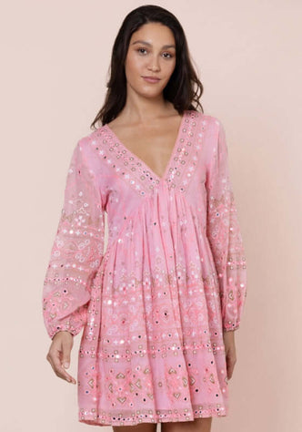 Mosaic Mini Dress Candy by Juliet Dunn, featuring a pink mosaic print and stylish puff sleeves.