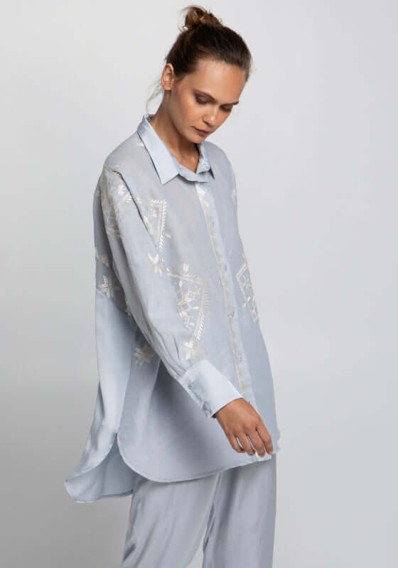 Lefkada Shirt Tunic Grey by Greek Archaic Kori, oversized grey shirt with champagne embroidery.
