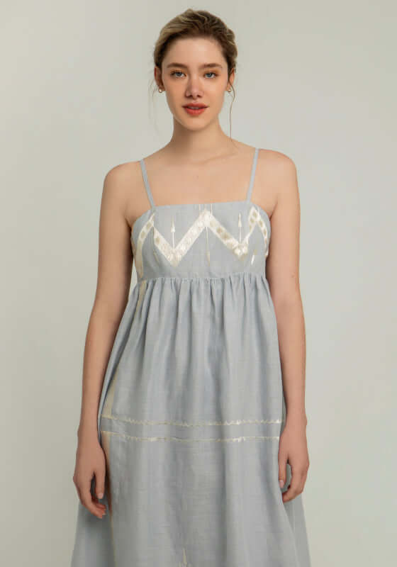 Roots Strappy Midi Dress Grey by Greek Archaic Kori, showcasing elegant spaghetti straps and champagne embroidery details.