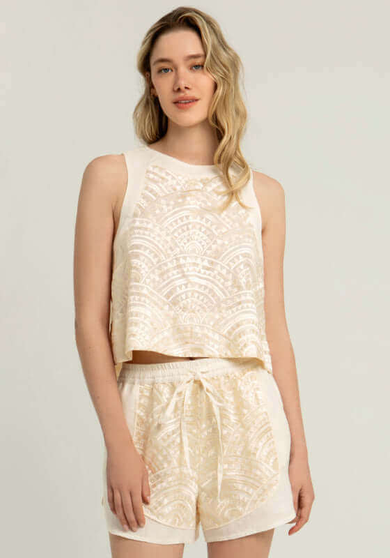 Triangle Panel Shorts by Greek Archaic Kori, featuring elegant champagne embroidery and a chic high-waisted design.