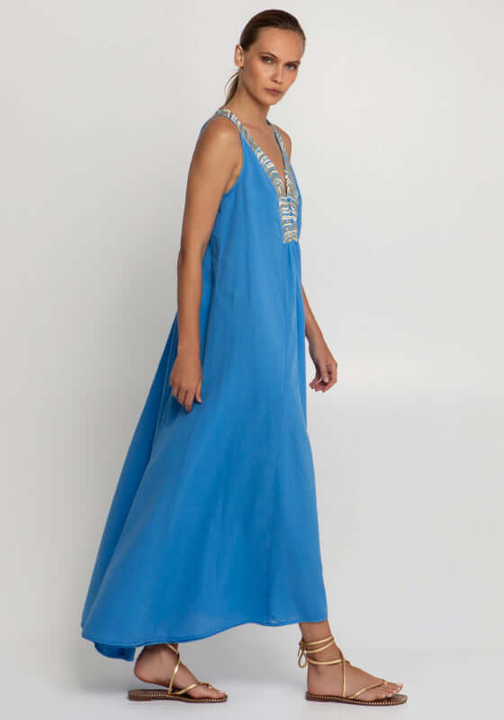 Triangle V Neck Maxi Dress Blue