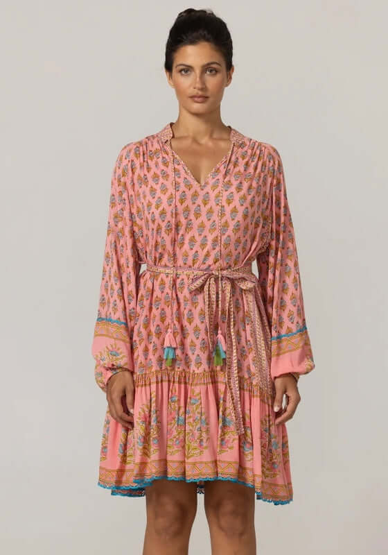 Kaida Dress by Miss June, featuring a pink floral pattern, puffed sleeves, and a ruffled hem.