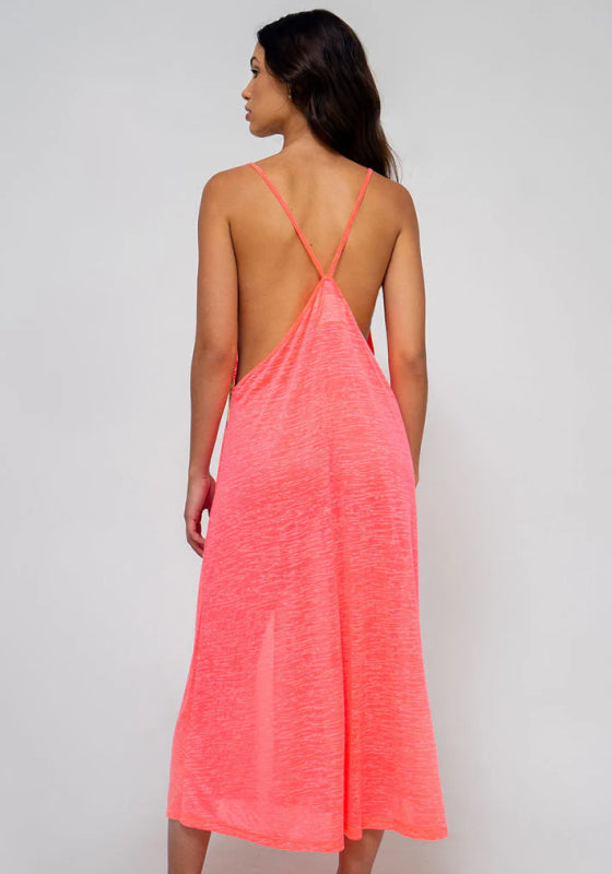 Inca Slip Dress Hot Pink by Pitusa featuring a back view with spaghetti straps and flowing semi-sheer fabric.
