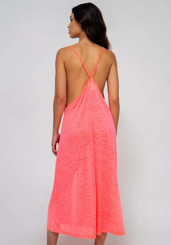 Inca Slip Dress Hot Pink by Pitusa featuring a back view with spaghetti straps and flowing semi-sheer fabric.