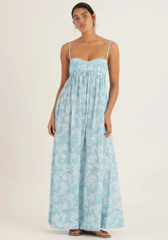 Everlasting Maxi Dress Paper Daisy by Peony, featuring a blue and white daisy print with a sweetheart neckline and relaxed fit.