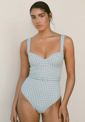 Forever Underwire Swimsuit Chambray Gingham by Peony, featuring a sweetheart neckline and belted waist in chambray gingham pattern.