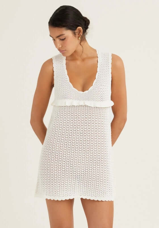 Pointelle Amelia Mini Dress by Peony, featuring seashell crochet, scoop neckline, and frill detailing.