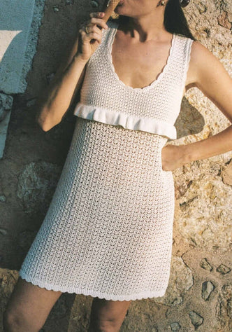 Pointelle Amelia Mini Dress by Peony, featuring seashell crochet, scoop neckline, and playful frill detailing.