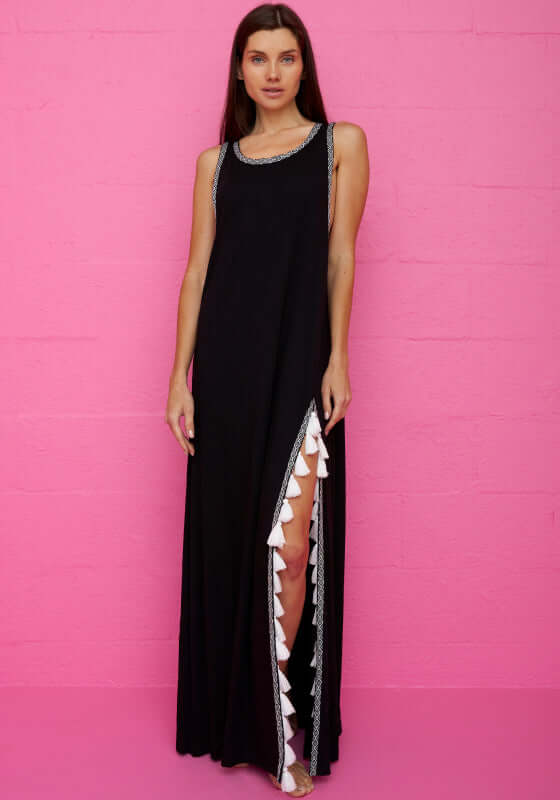 Monochrome Tassel Slit Dress