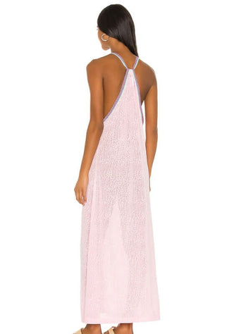 Cheetah Maxi Sundress Light Pink by Pitusa, featuring soft semi-sheer jersey with embroidered details, shown from the back.