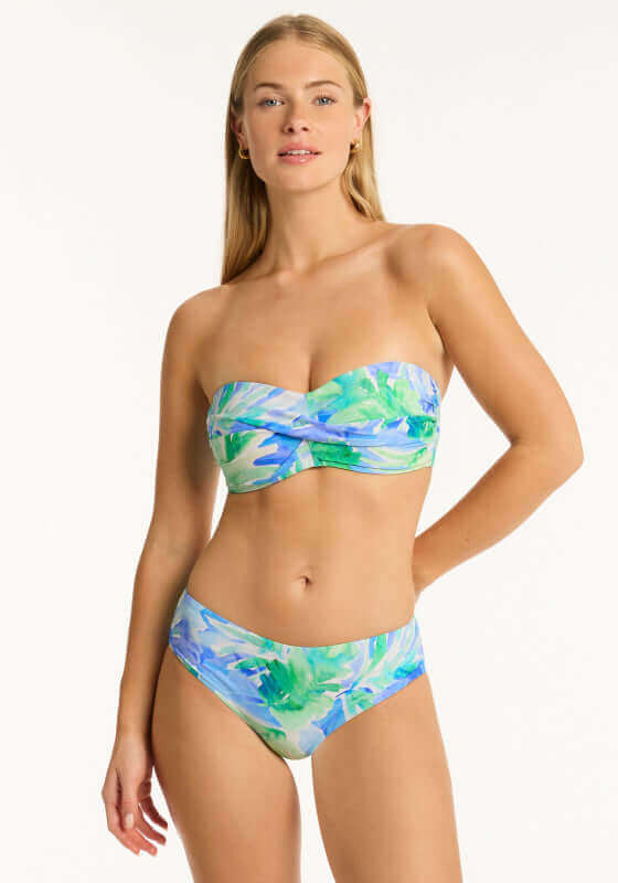 Key Largo Twist Bandeau Bikini by Sea Level, featuring a colorful twist bandeau top and classic tie side bikini bottoms.