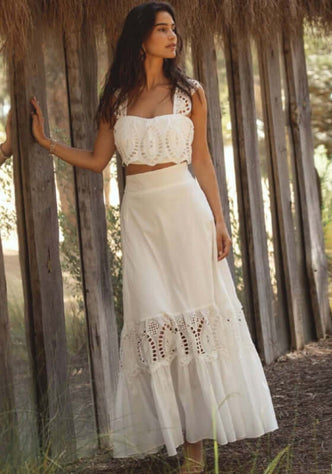 Portofino Skirt White by Sole Lisboa, showcasing a flowing long skirt with delicate cutouts and breezy silhouette.