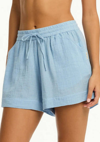 Sunset Beach Short Cornflower Blue by Sea Level, lightweight cotton shorts with drawstring waist and side pockets.