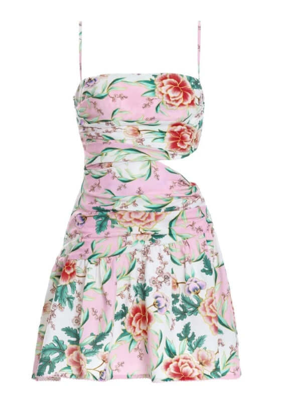 Cade Dress by Agua Bendita, floral mini dress with asymmetrical neckline and pleated skirt.