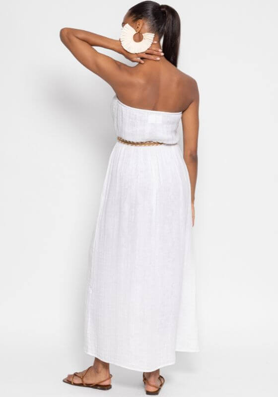 Anoushka Long Gauze White Dress by Sundress, showing the back with braided rope belt and strapless design.