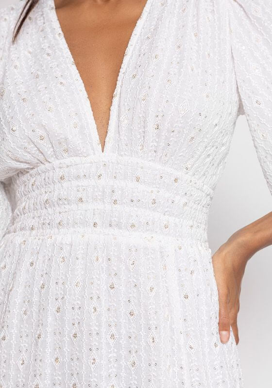 Aurelie Tulum White Dress by Sundress close-up of deep V-neckline and ruched waist detail in lightweight fabric.