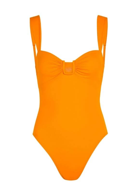Cannes Swimsuit Mango by Away That Day, featuring a sweetheart neckline, U bar detail, and wide straps.
