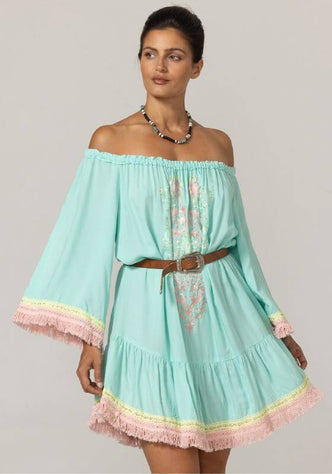 Azra Beach Dress by Miss June, elegant off the shoulder blue dress with fringe hem and belt.