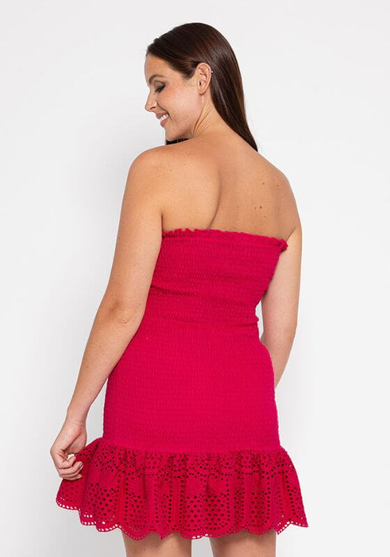 Cecile Dress Fuchsia by Sundress, back view of a flattering ruched strapless dress with pineapple eyelet detailing.