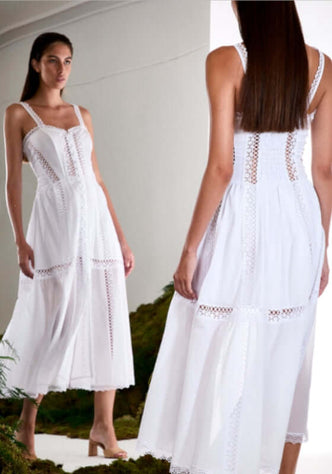 Dafelle Long Dress White by Charo Ruiz, featuring lace panelling and a flattering silhouette, perfect for summer fashion.