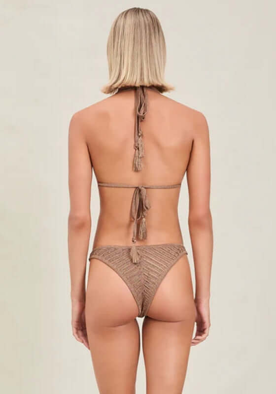 Lola Bikini Bottoms Truffle by Devon Windsor, showing the back view of a stylish brown bikini bottom with tassel details.